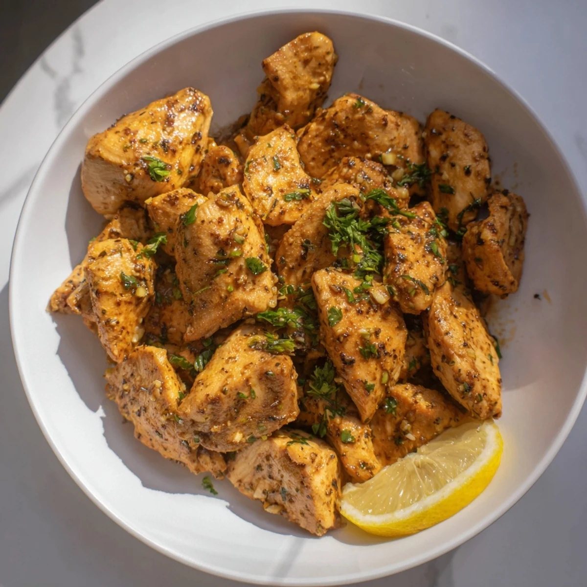 Golden-brown Spiced Herb Chicken, juicy and tender, ready to serve with fresh parsley and lemon wedges.