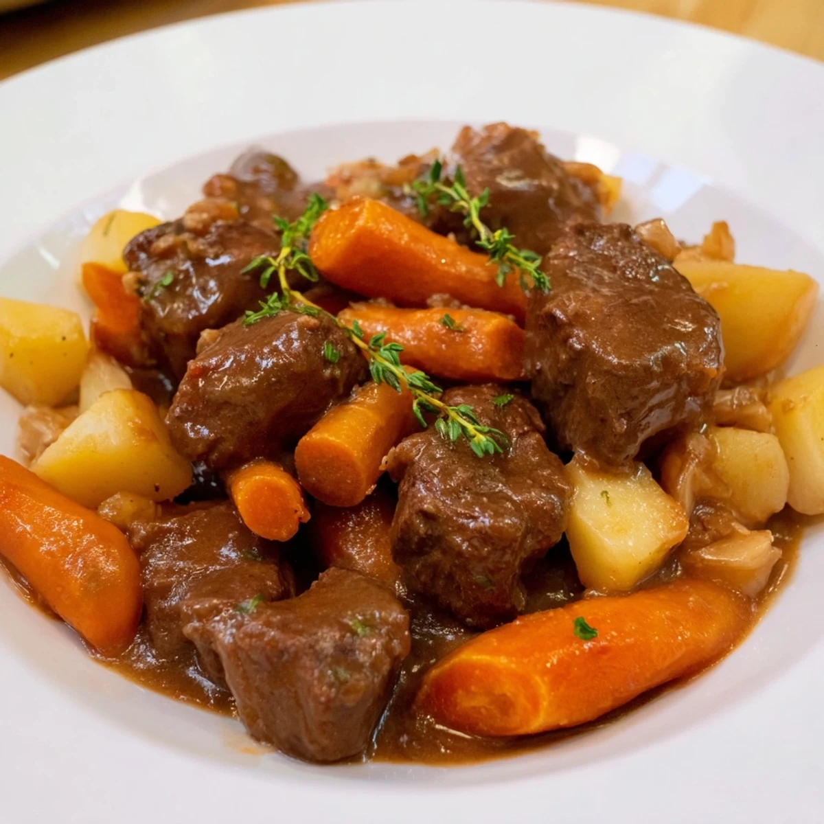 Tender beef and Guinness-Style Stew simmered for hours, a classic Irish comfort food, aromatic.