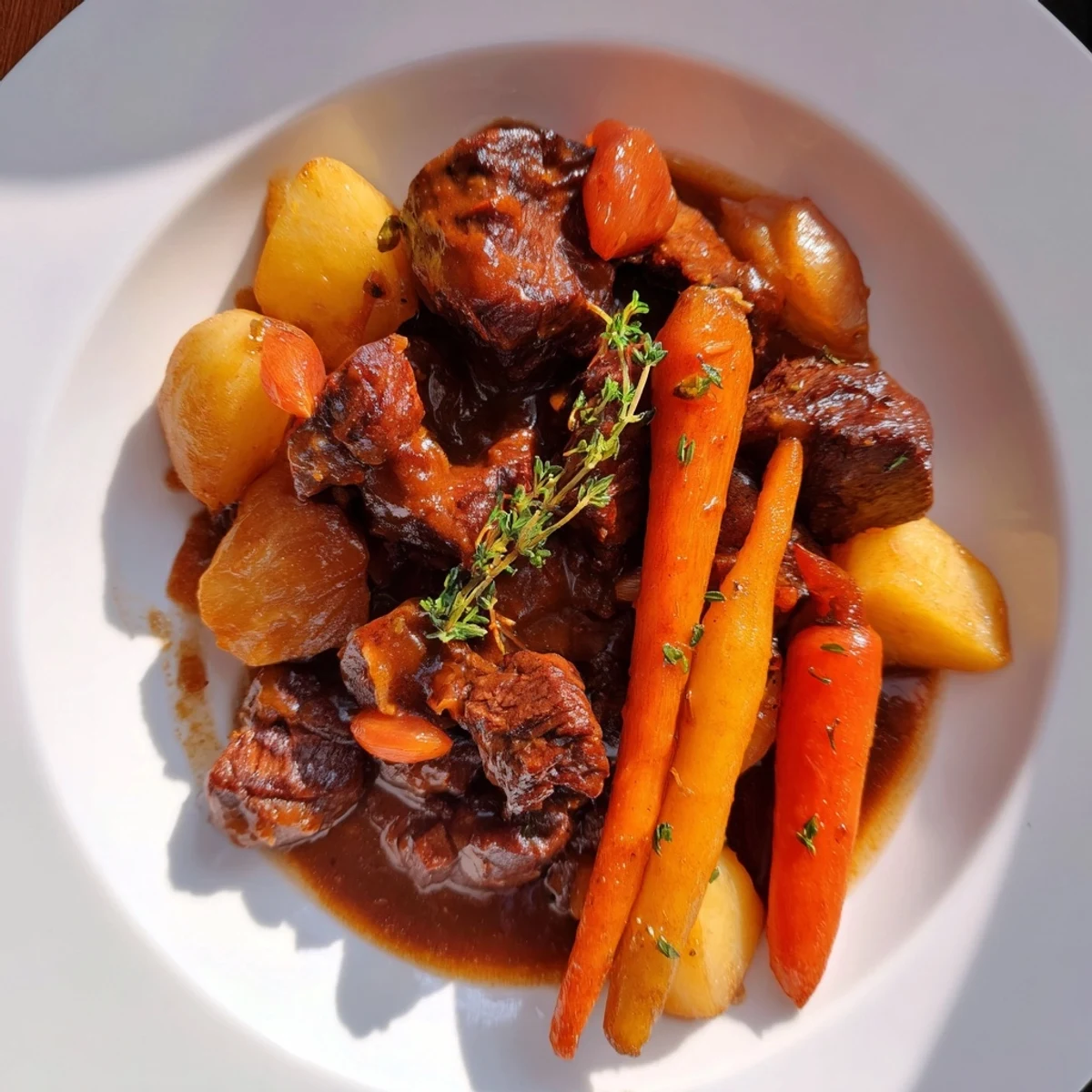 A steaming bowl of Beef and Guinness-Style Stew, featuring hearty chunks of beef and vegetables.