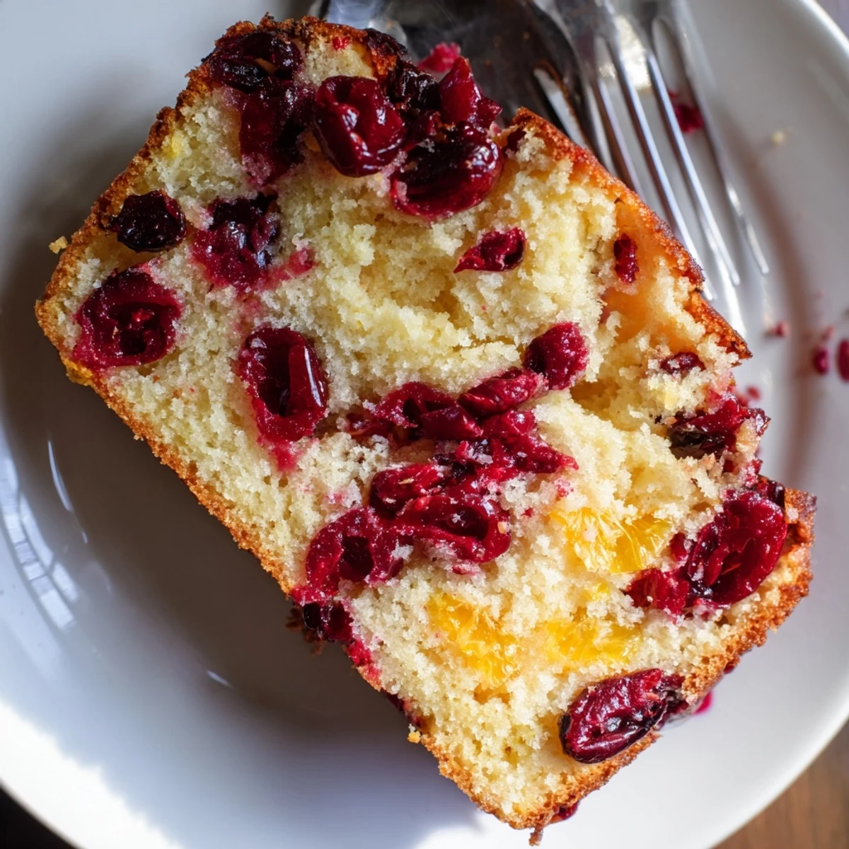 Warm Cranberry Orange Bread, fresh from the oven, offering a delightful blend of orange and tart cranberry flavors.