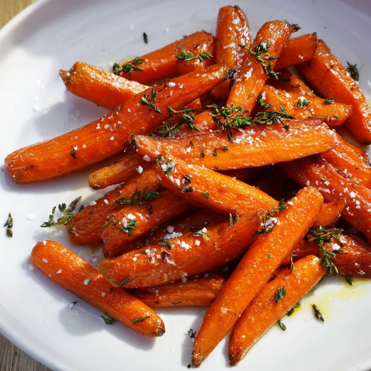 A close-up of honey-glazed roasted carrots, featuring a pop of fresh parsley, ideal for dinner.