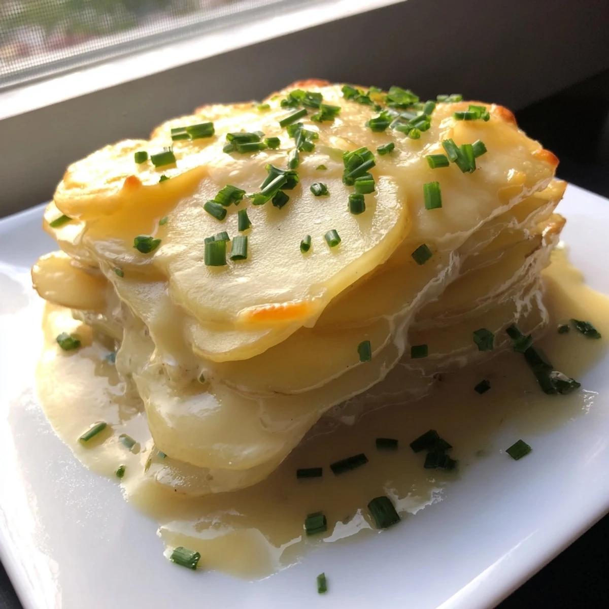 Golden, bubbly Cheesy Scalloped Potatoes with a creamy cheese sauce, ready to serve this classic dish.