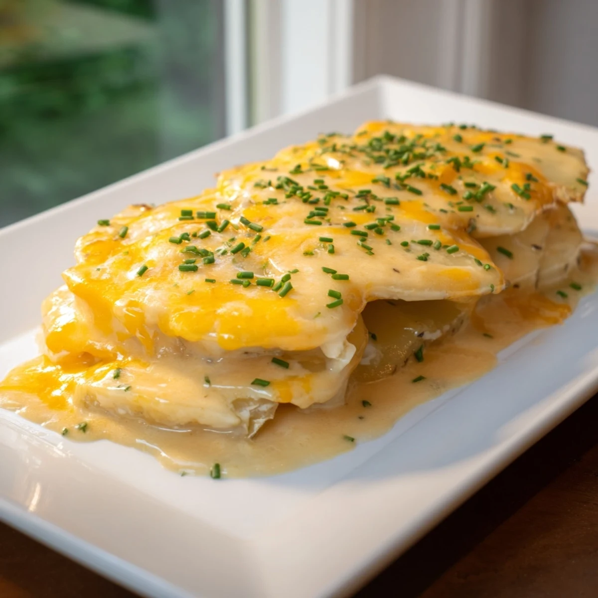 A close-up of baked Cheesy Scalloped Potatoes, highlighting the melted cheese topping and tender potatoes.
