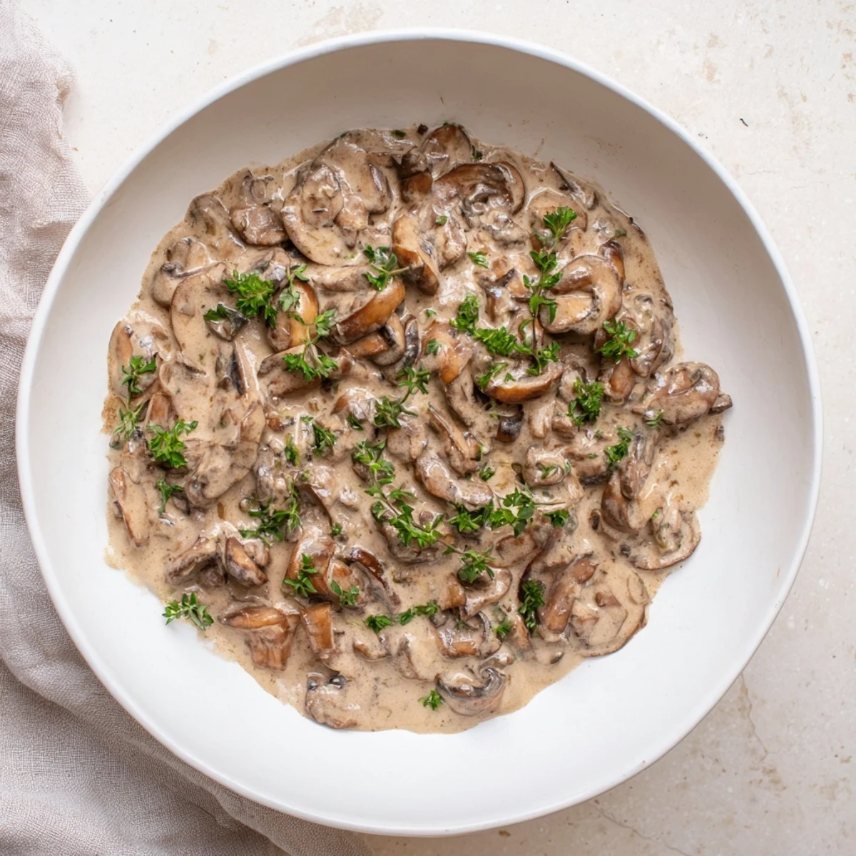 Golden mushroom pieces simmer in a pan to create this delicious creamy mushroom sauce.