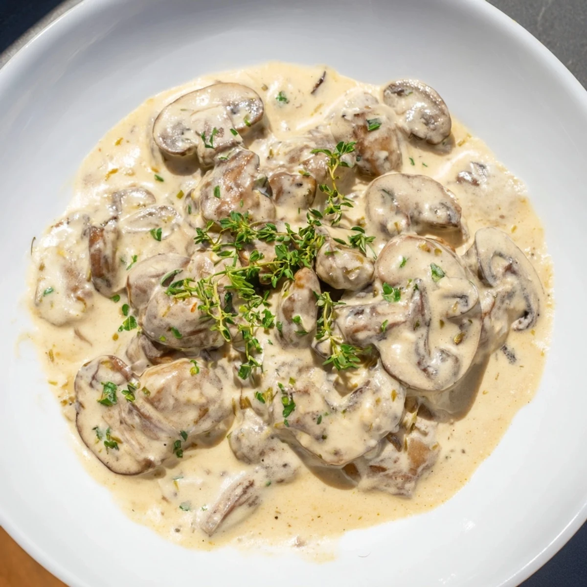 Rich, velvety creamy mushroom sauce, perfect for pouring over steak or chicken, ready to serve.