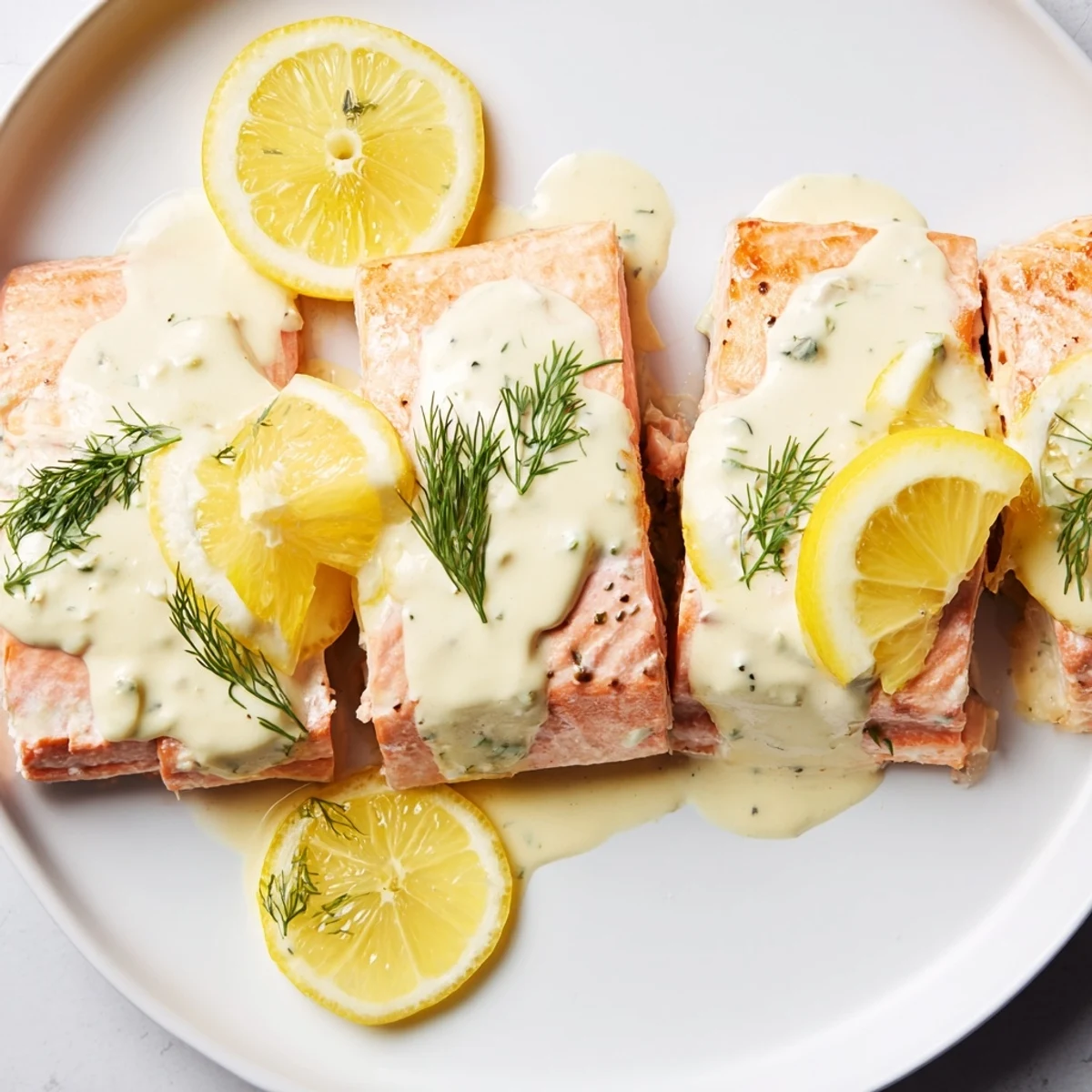 Flaky baked salmon with dill sauce, served with a vibrant lemon slice and fresh herbs.