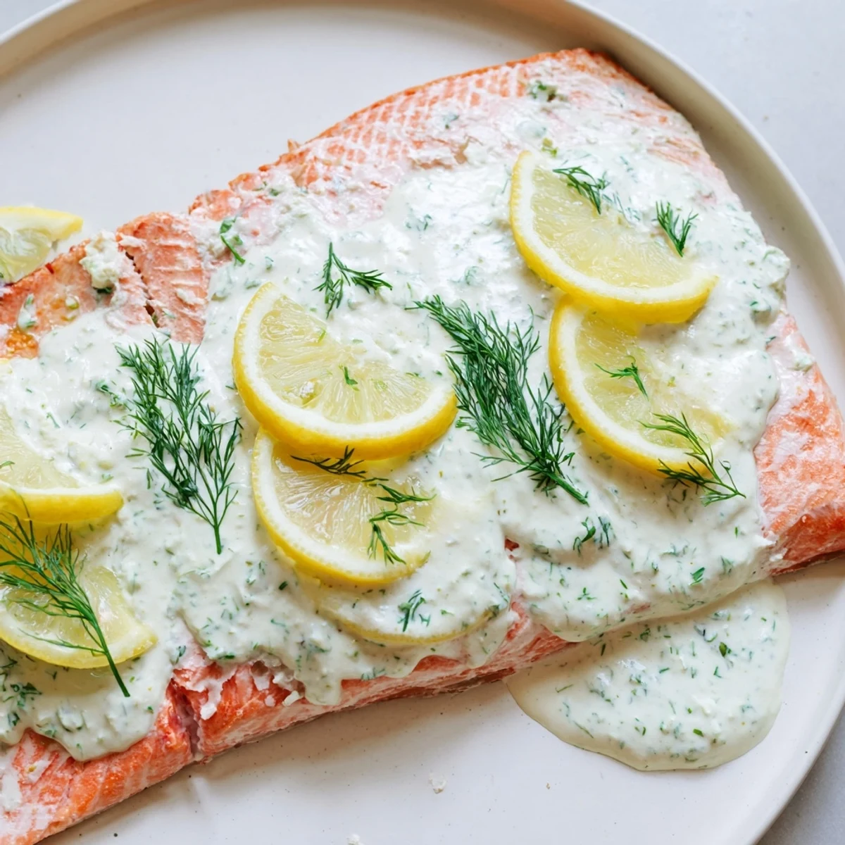 Close-up of baked salmon with dill sauce: a tender, perfectly cooked seafood dinner.