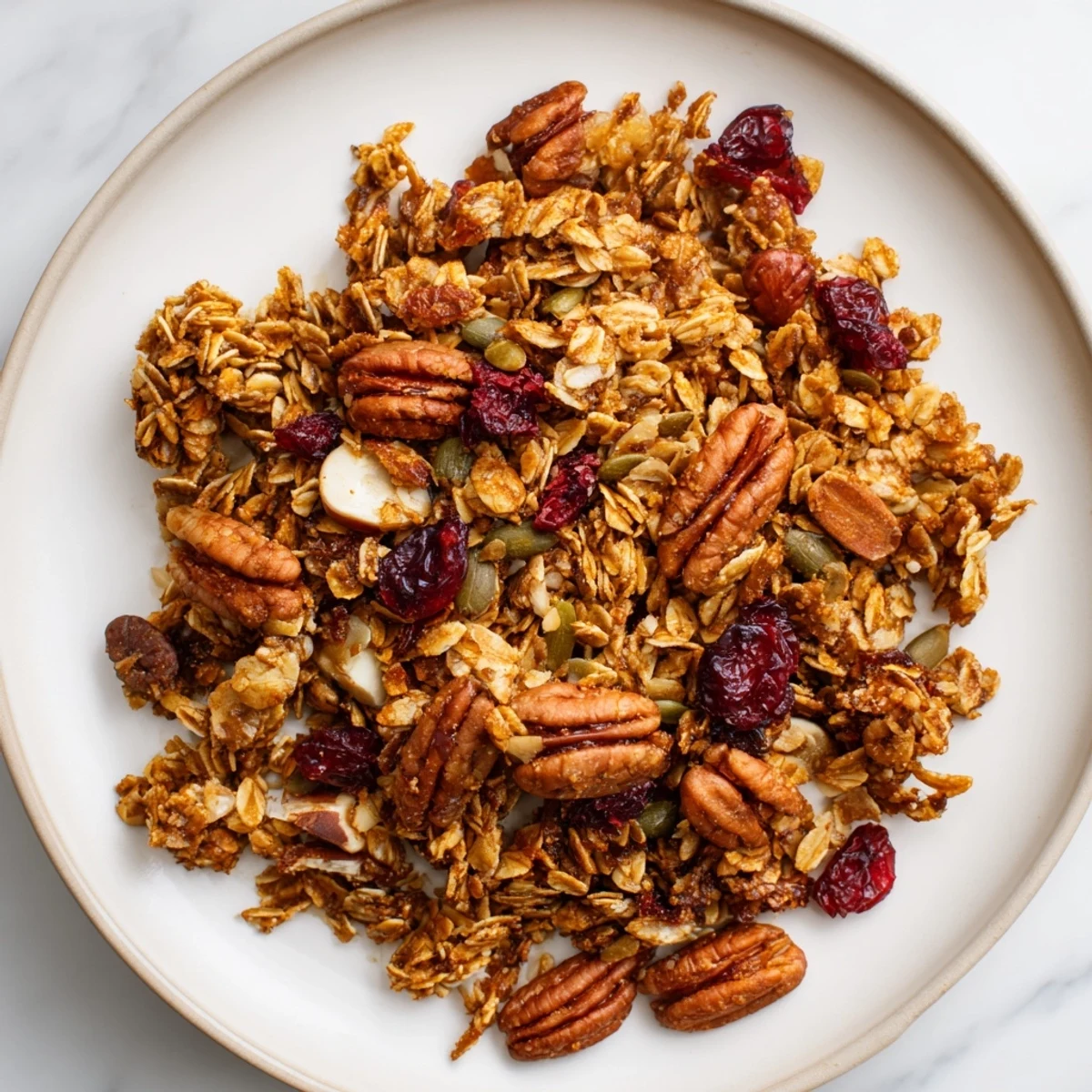 Warm, golden-baked gingerbread granola in a bowl, perfect for a cozy breakfast and holiday mornings.