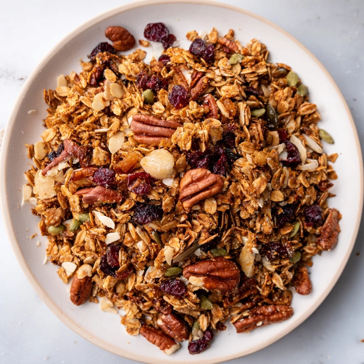 Crunchy, homemade gingerbread granola with visible nuts and cranberries; ideal for yogurt parfaits.