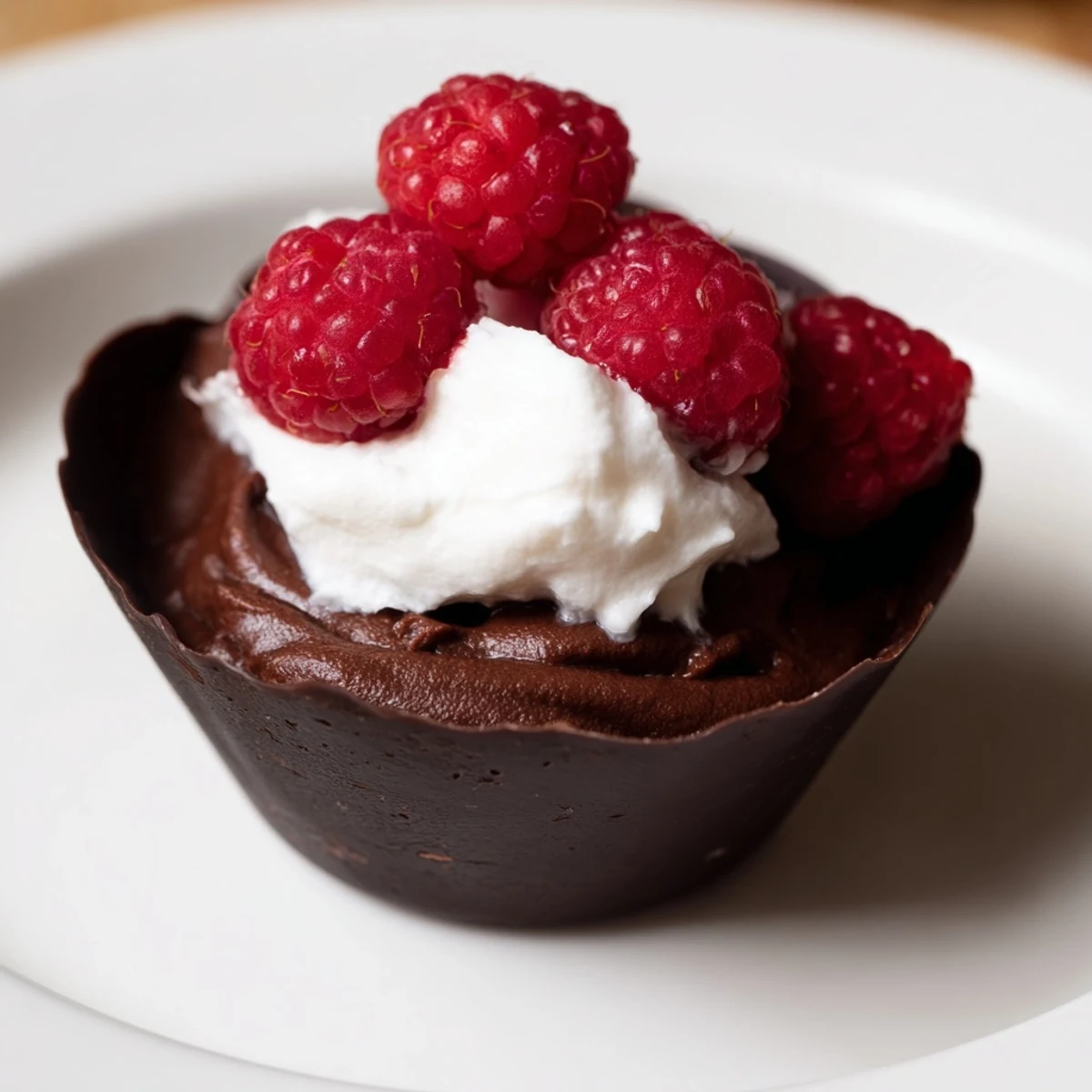 Elegant presentation of chocolate mousse cups, topped with whipped cream and fresh berries for dessert.