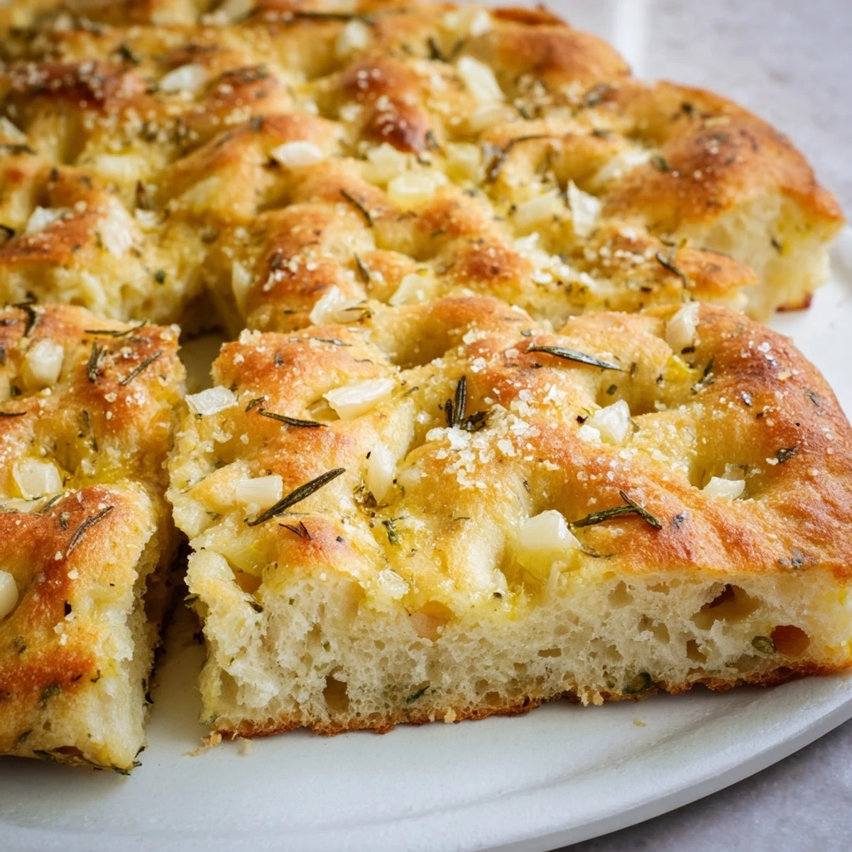 Close-up of a rustic garlic herb focaccia, showing herbs and crispy crust, ready to serve warm.