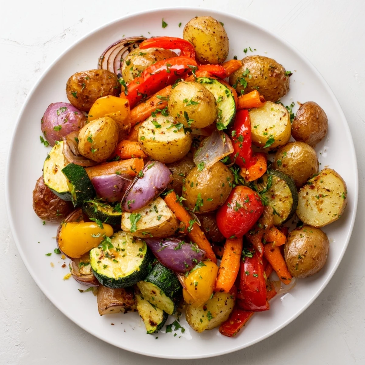 Golden roasted vegetable medley, a colorful plate of tender, caramelized vegetables ready to eat.