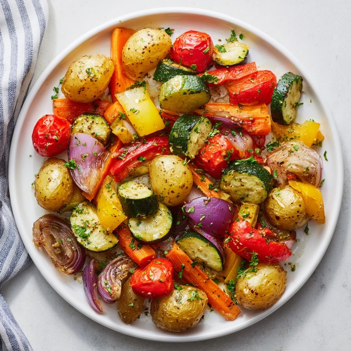 A delicious roasted vegetable medley with vibrant carrots, bell peppers, and other flavorful seasonal choices.
