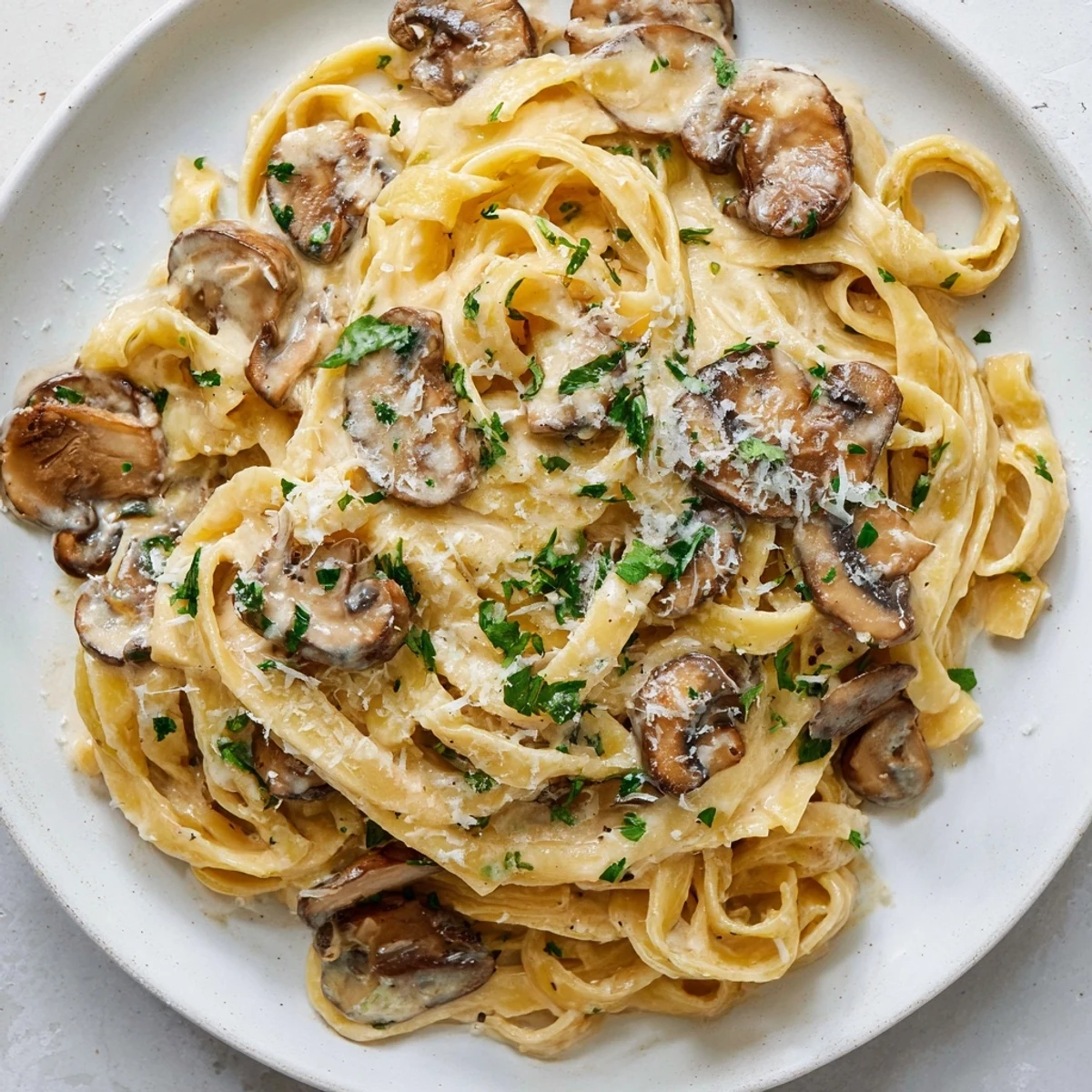 Creamy Goodness pasta with mushrooms, rich cream sauce visible, ready for enjoying a comforting meal tonight.