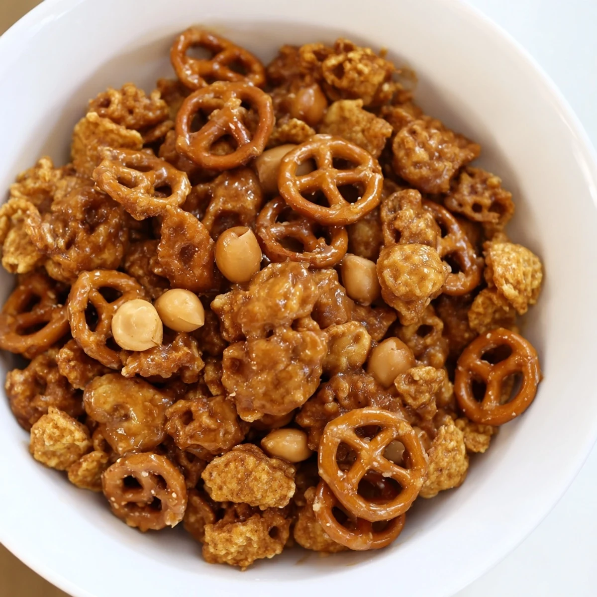 Close-up of freshly baked Crispy Crunch, highlighting the caramelized nuts and cereal coating.