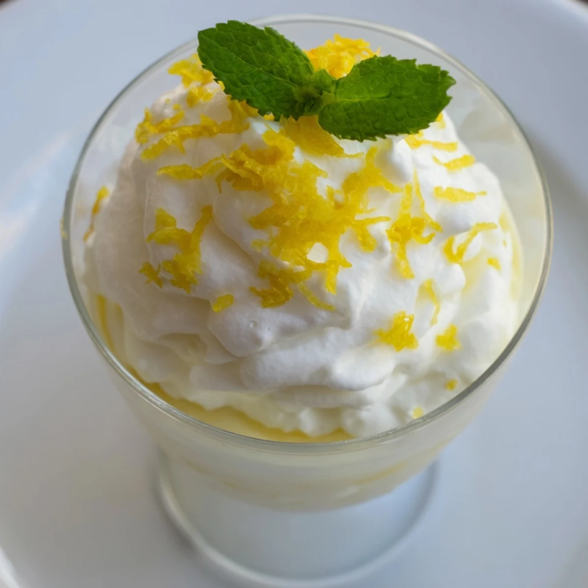 Vivid photo of creamy Lemon Fresh dessert, garnished with fresh lemon zest and mint leaves.