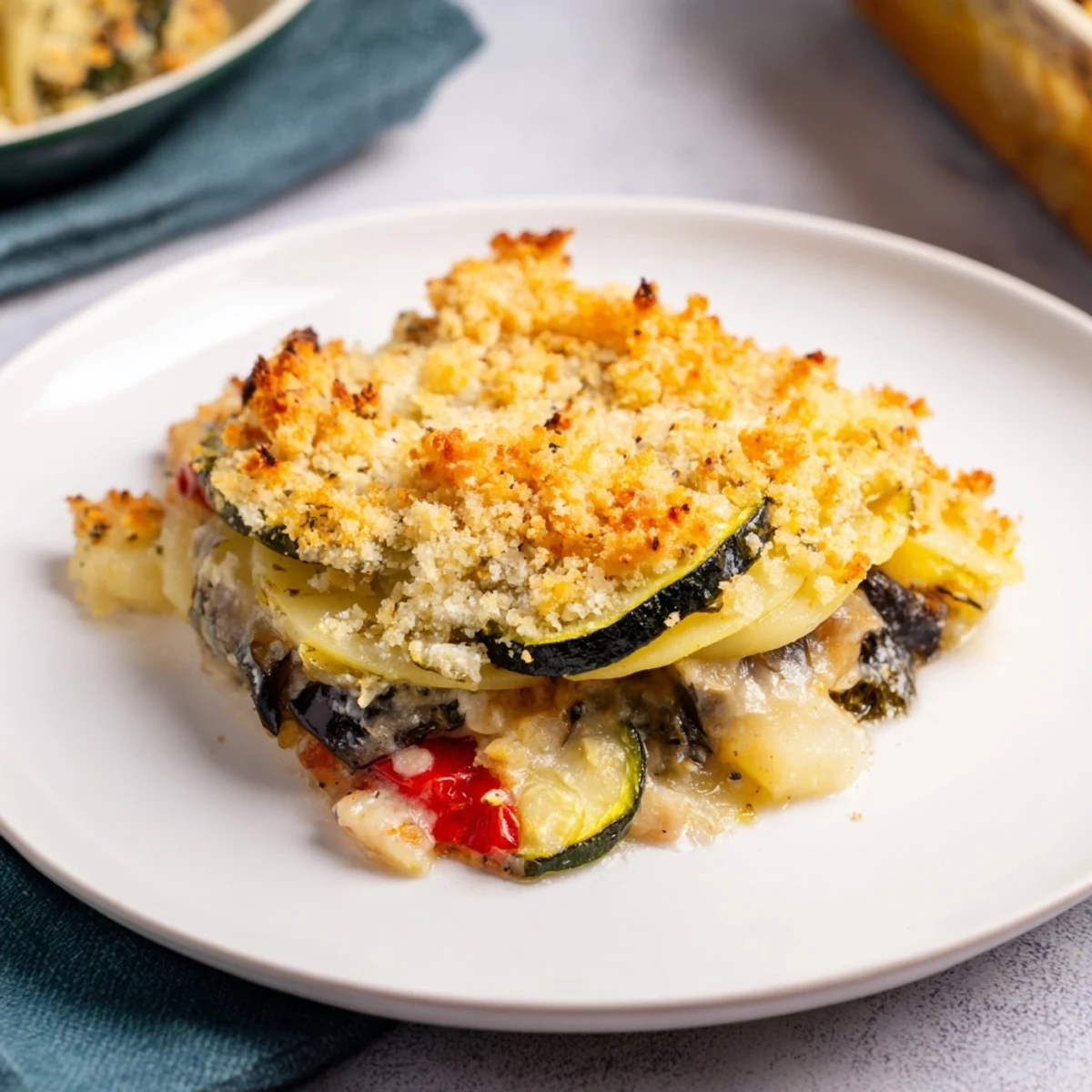 Golden-brown Baked Vegetable Gratin with bubbling cheese, creamy sauce, and layered vegetables.
