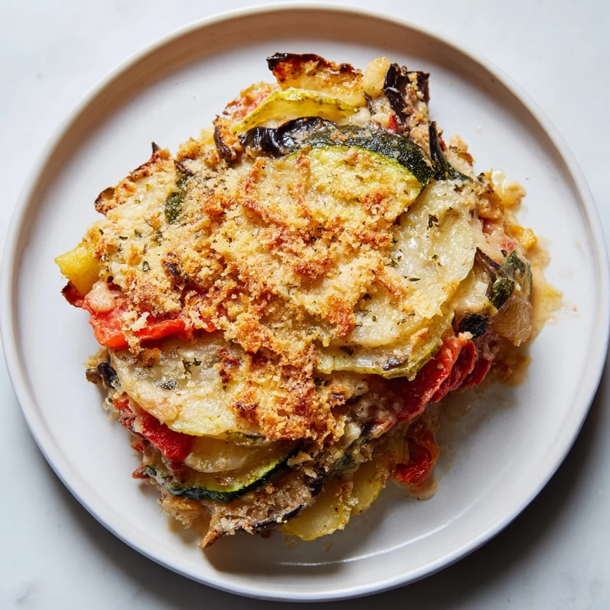 A close-up of a warm, delicious Baked Vegetable Gratin, showcasing a rich, creamy texture ready to serve.