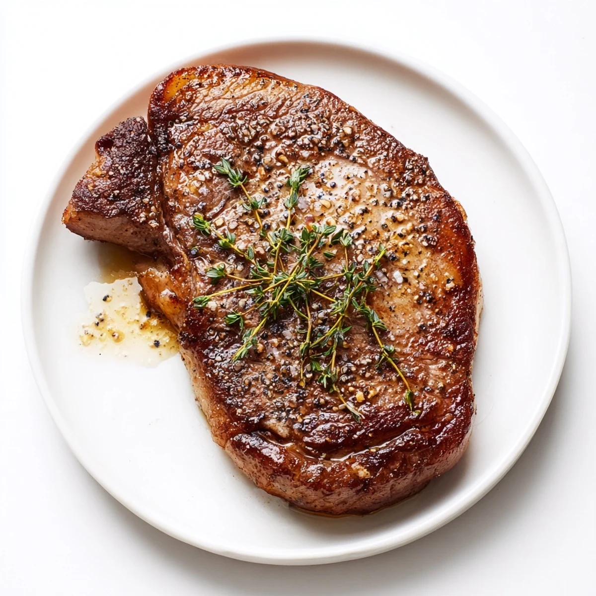 Seared beef steak glistening with melted butter, herbs, and a perfectly browned crust.