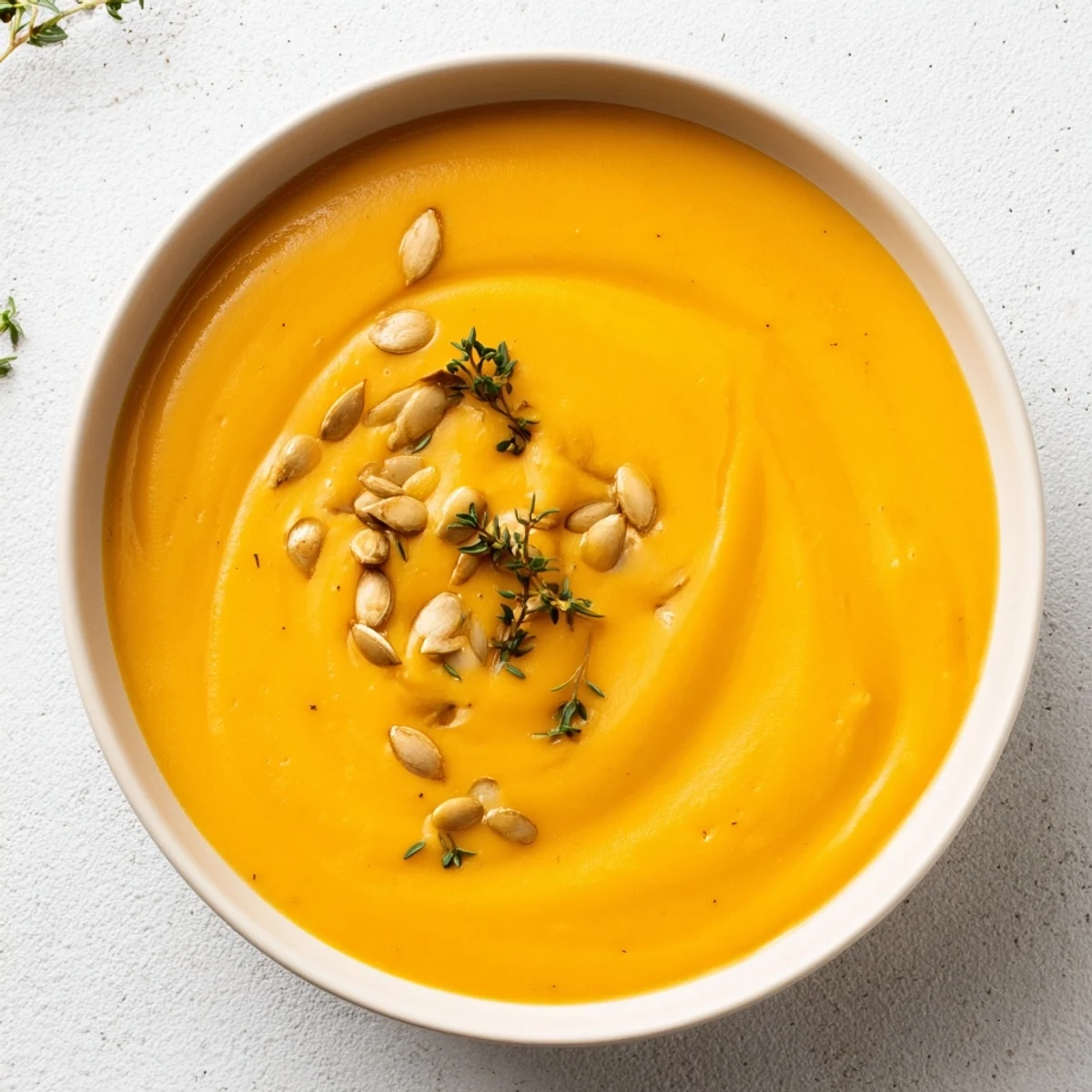 Creamy, vibrant Butternut Squash and Apple Soup, garnished with thyme, ready to warm you up.
