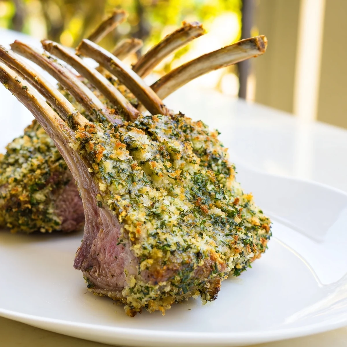Herb crusted rack of lamb, golden-brown and glistening, ready for slicing showing a perfect medium-rare cook.