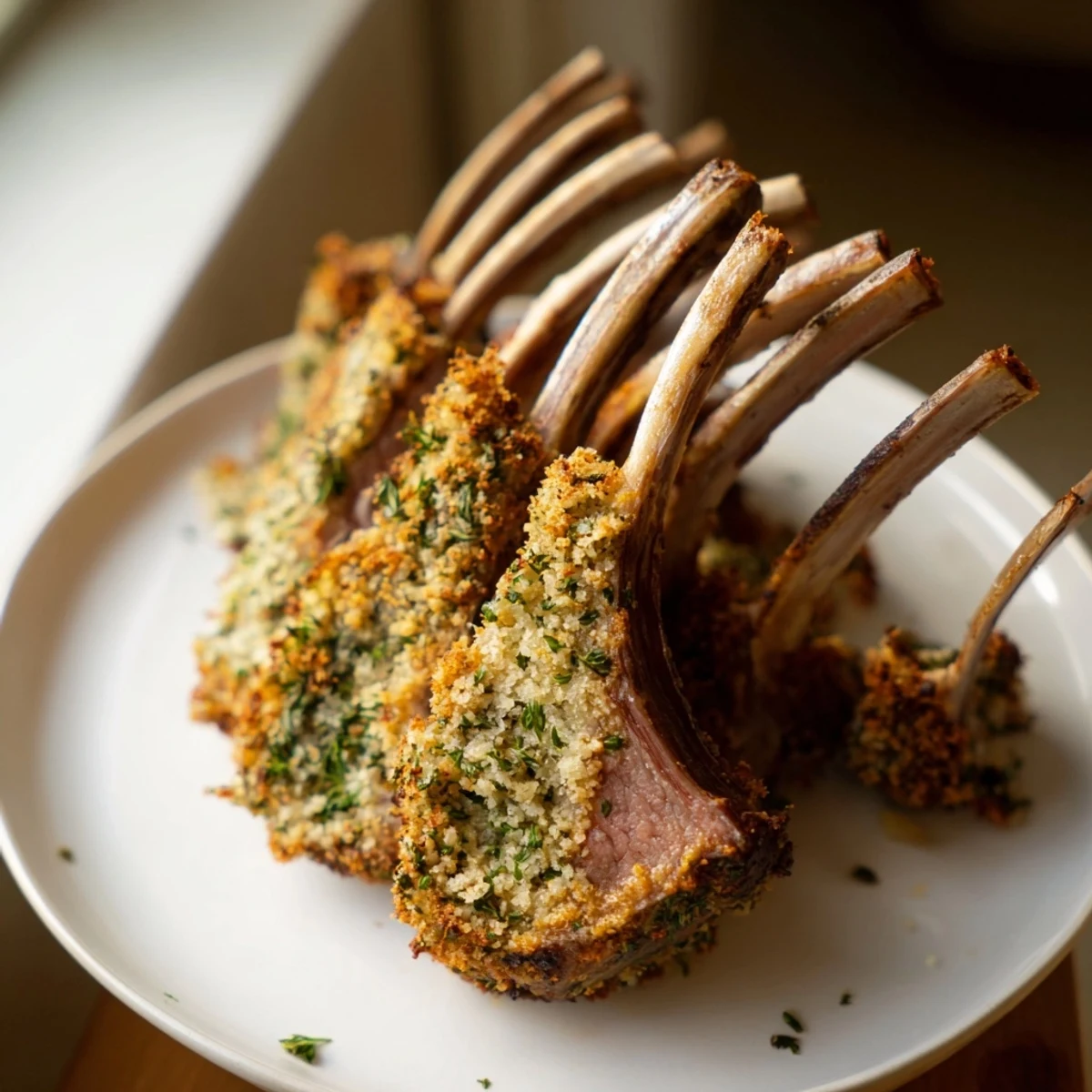 Vibrant herbed crust coats a perfectly roasted herb crusted rack of lamb; a delicious main course.