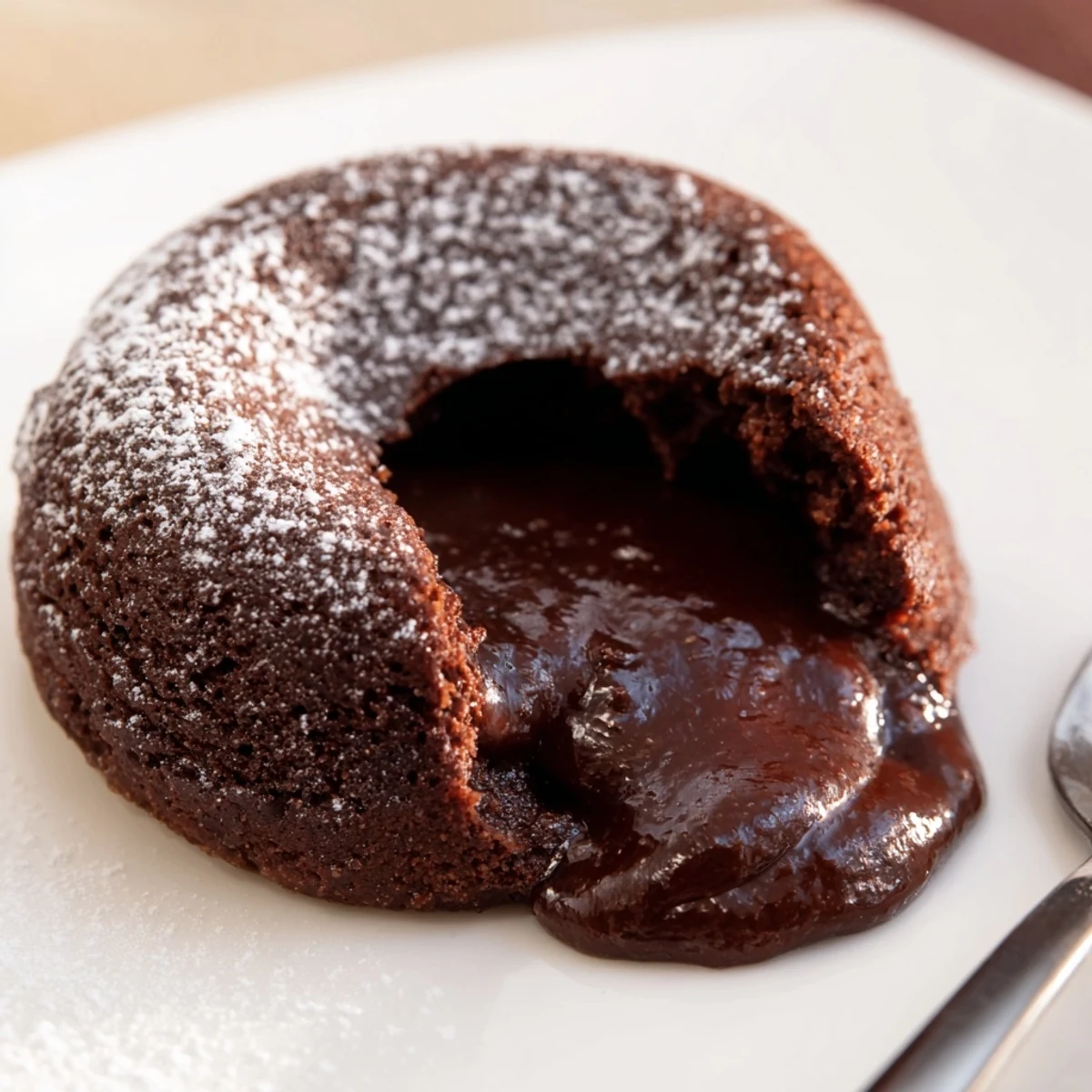 Gooey, rich chocolate lava cakes spilling onto a plate, ideal for an after-dinner dessert.