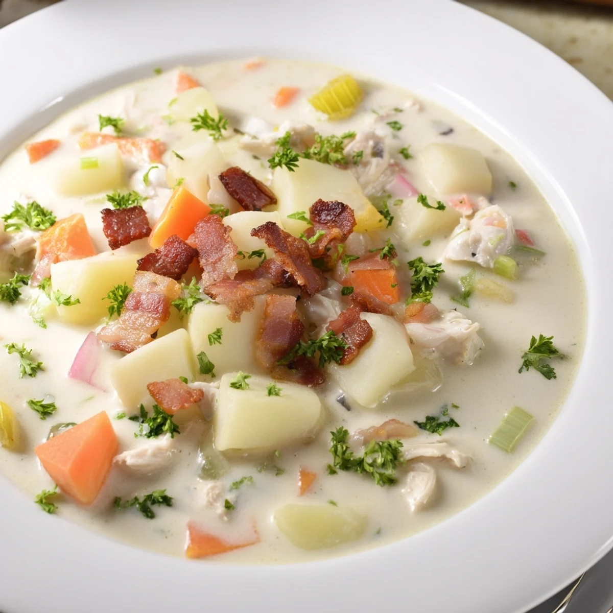 A steaming bowl of Creamy Clam Chowder, filled with tender clams and crispy bacon.