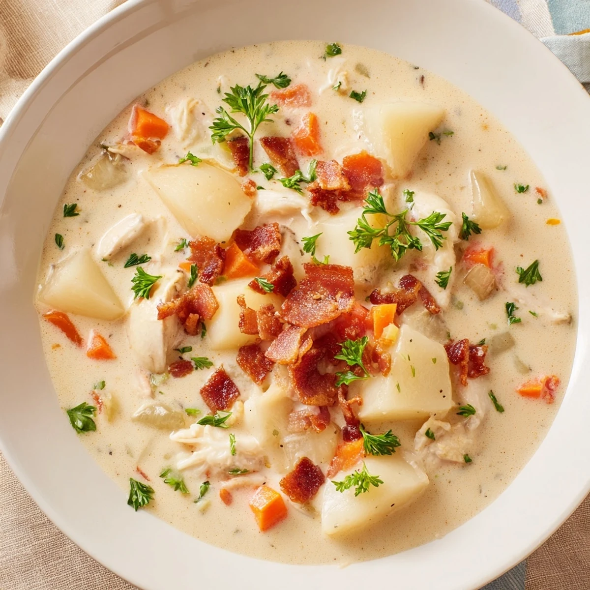 Enjoy a spoonful of rich, New England-style Creamy Clam Chowder, perfect for a cozy dinner.