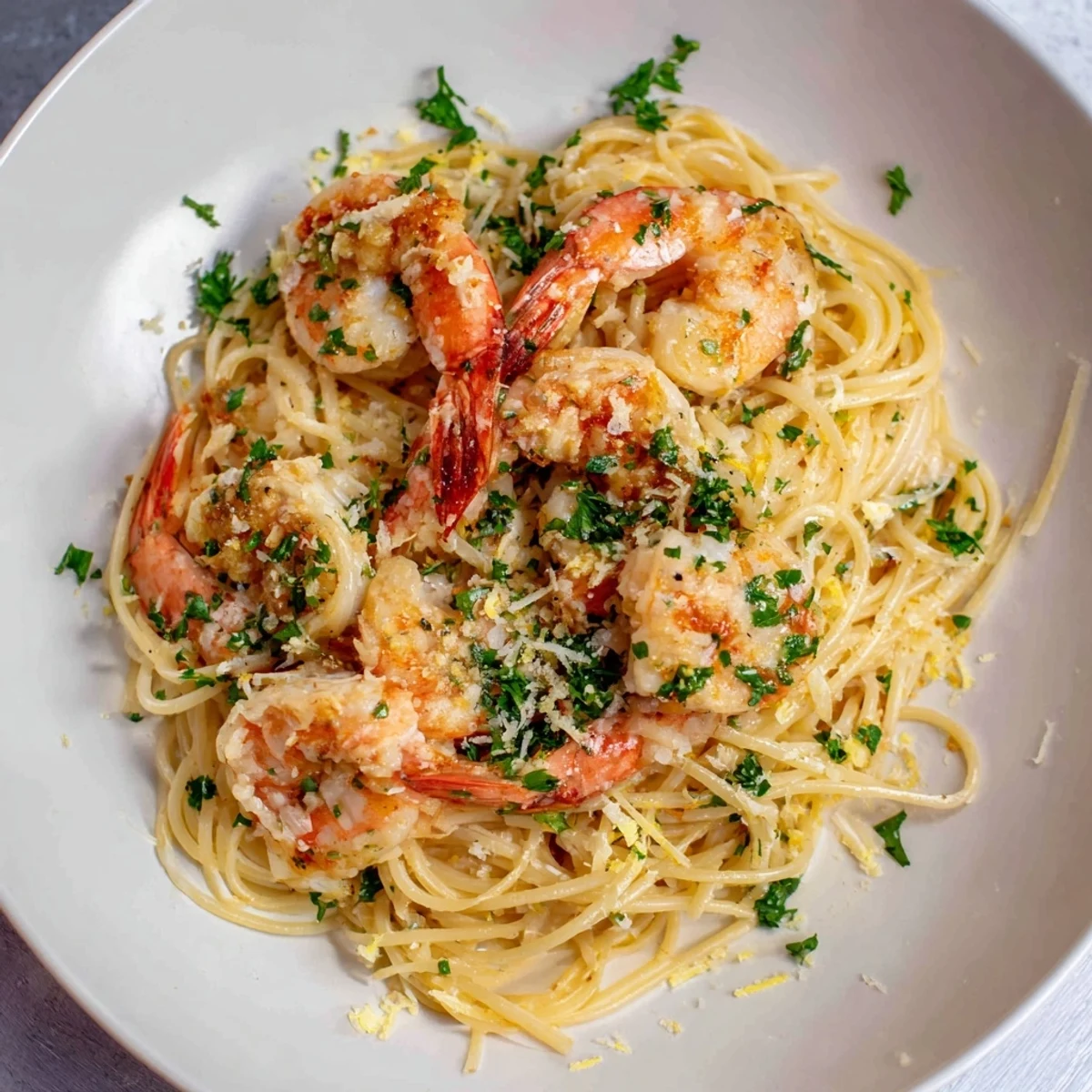 Steaming plate of Garlic Butter Shrimp Pasta with parsley garnish, ready for a comforting dinner tonight.