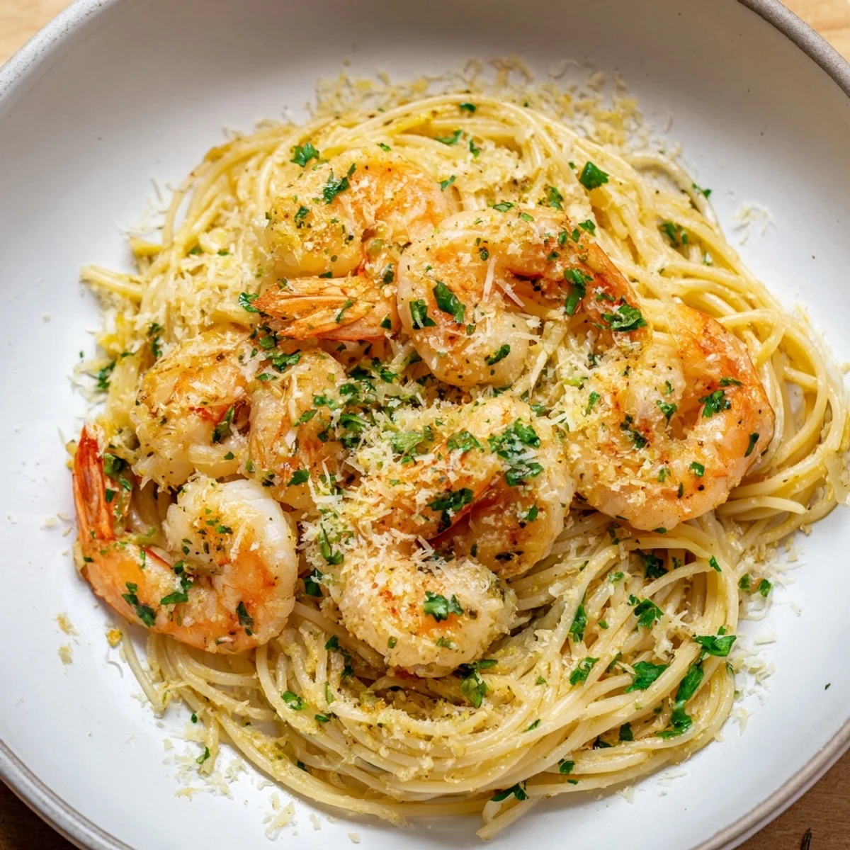 Golden-brown, pan-seared Garlic Butter Shrimp Pasta, a delicious Italian-American main dish, served with cheese.