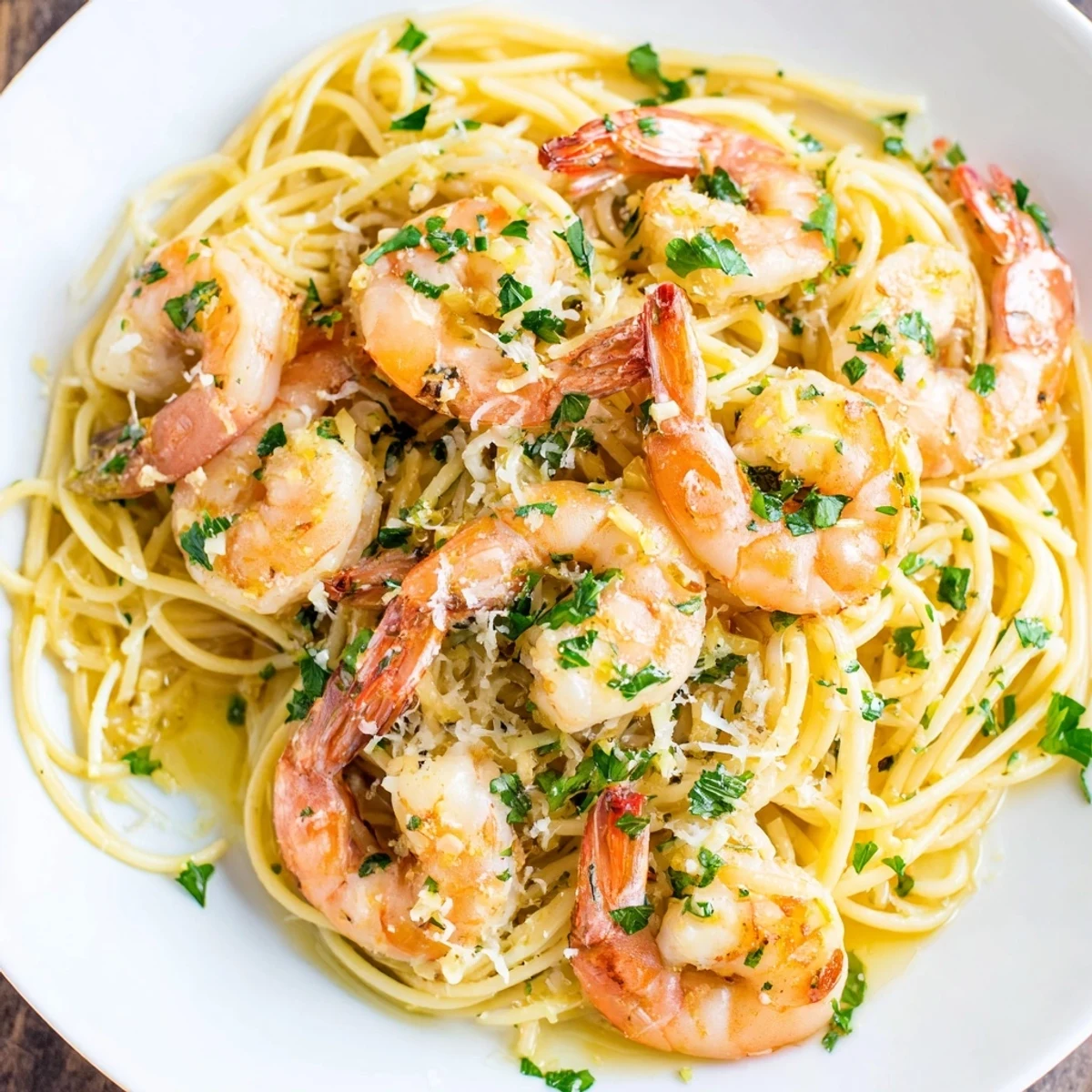 Close-up shot shows Garlic Butter Shrimp Pasta, a flavorful seafood pasta featuring perfectly cooked shrimp.
