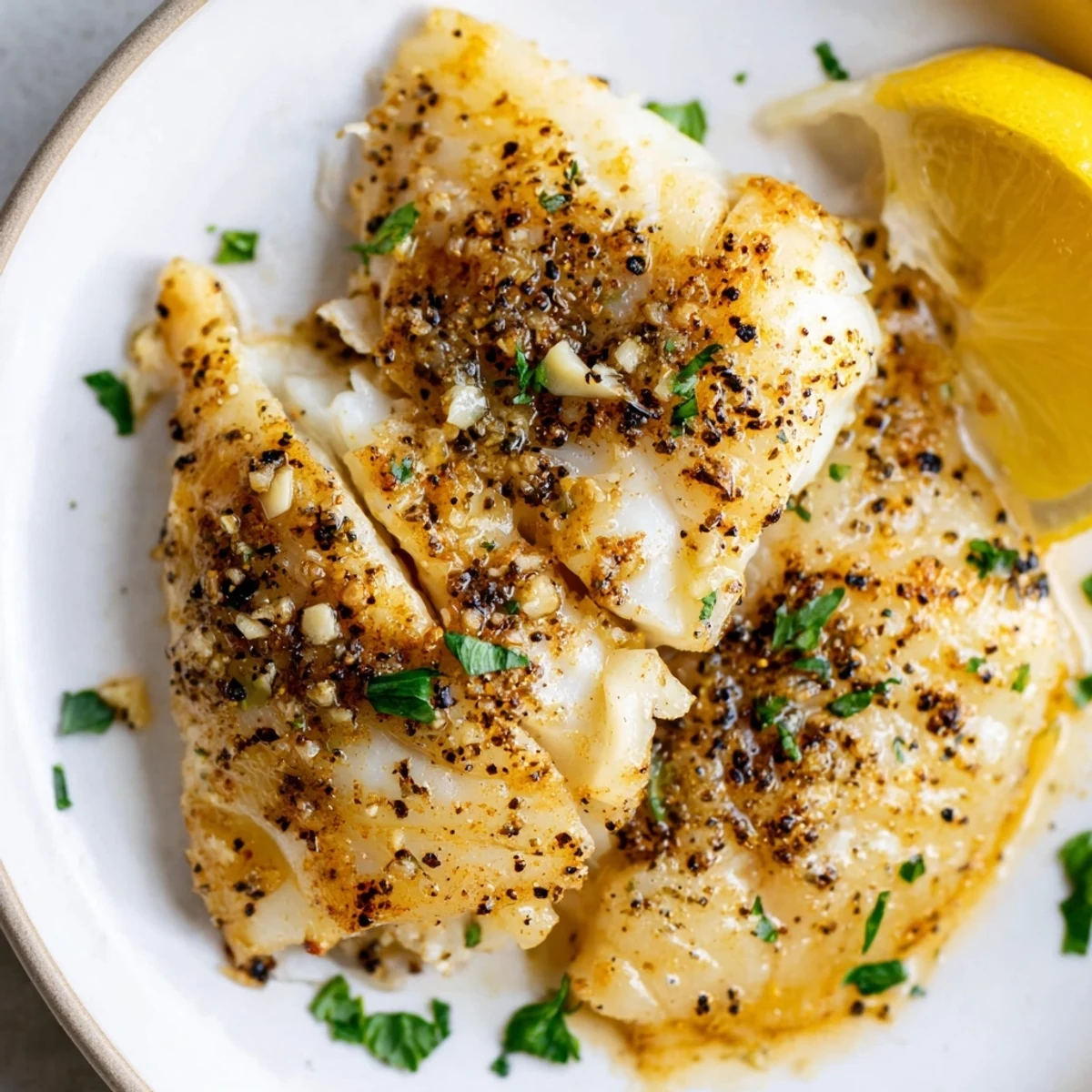 Baked Cod with Lemon Pepper, freshly baked with a golden crust, is ready to serve with lemon wedges.