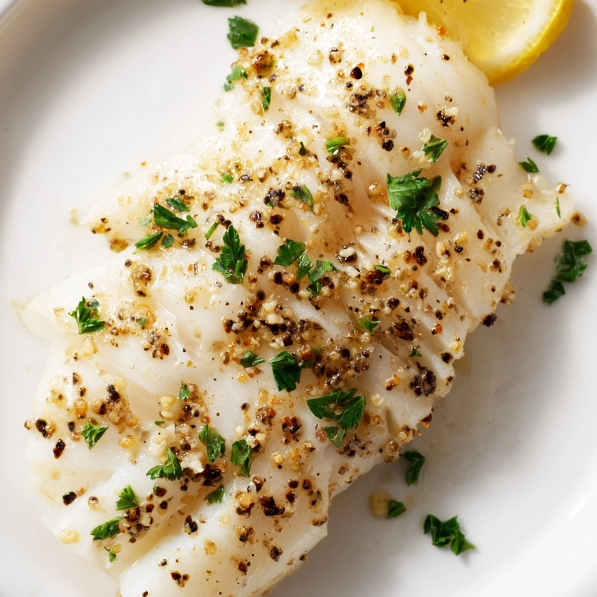 Flaky Baked Cod with Lemon Pepper is glistening, seasoned evenly, and accompanied by a sprig of fresh parsley.