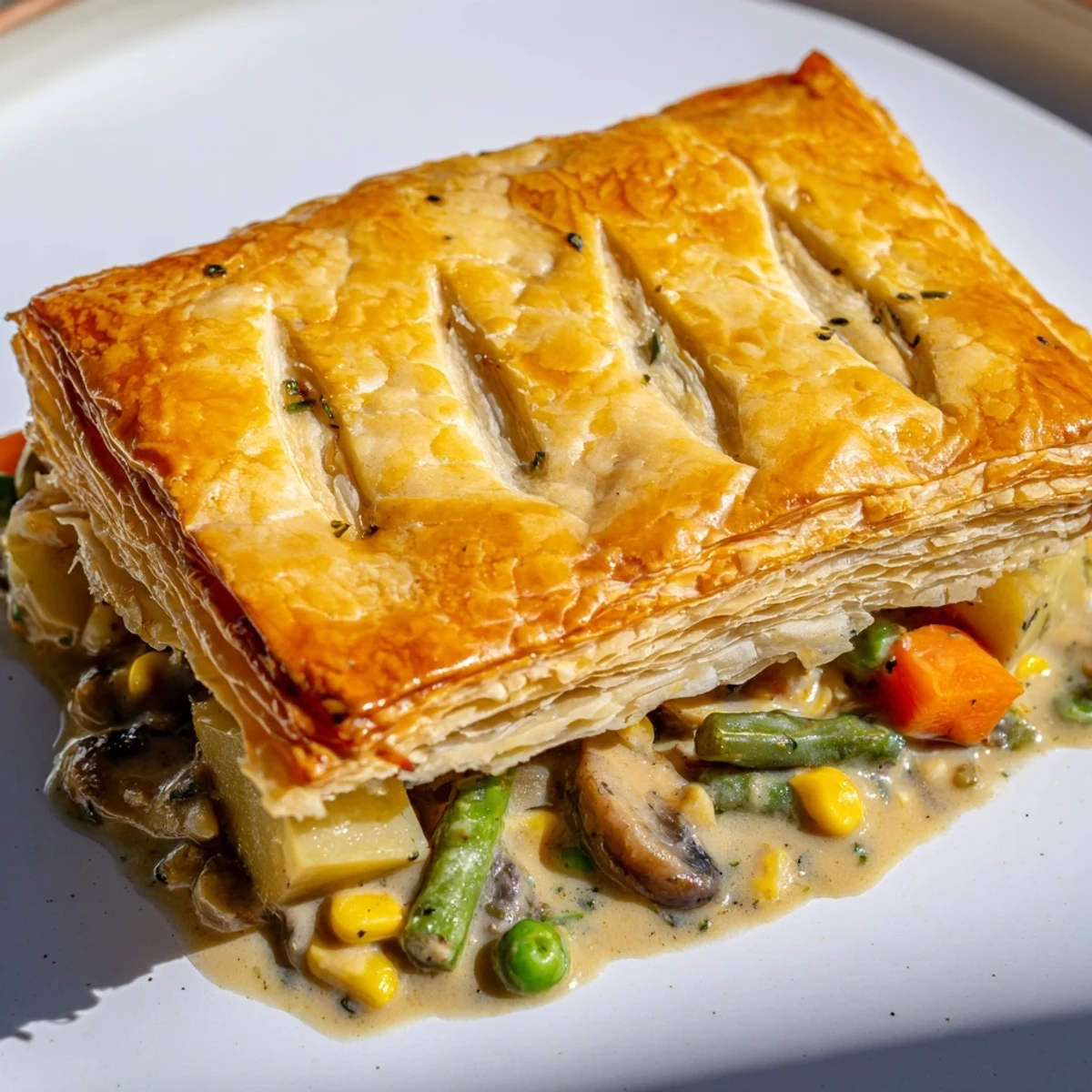 Golden-crusted savory vegetable pot pie, boasting a hearty vegetable filling and bubbling sauce.