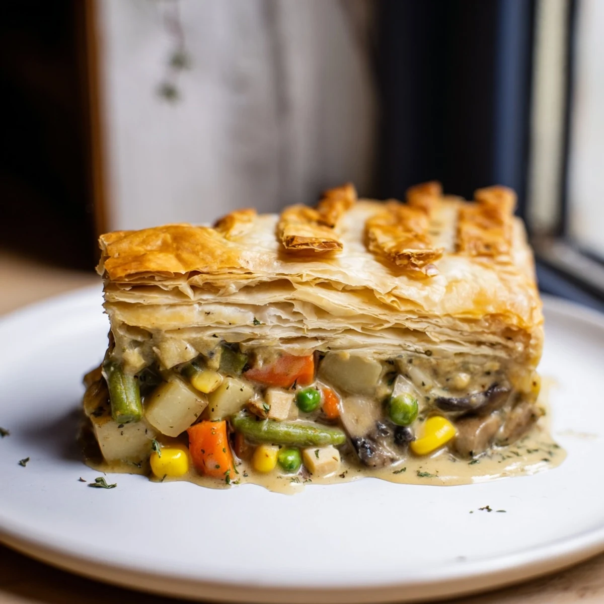A close-up of a steaming savory vegetable pot pie, showcasing a delicious, home-cooked dinner.