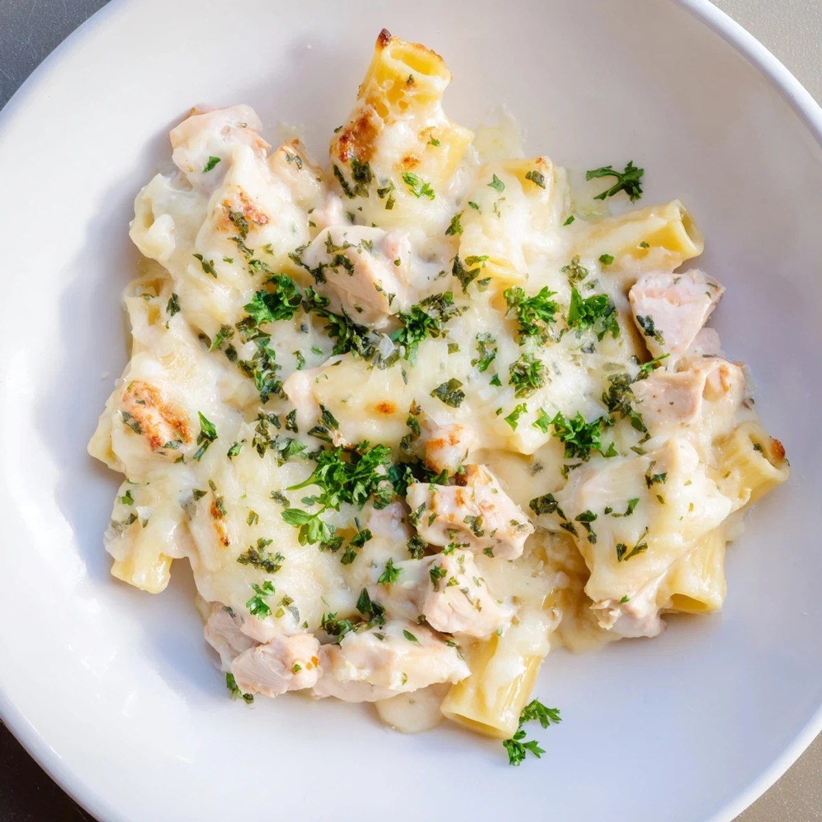 Creamy Chicken Alfredo Bake bubbling with melted cheese, perfect for a hearty family meal tonight.