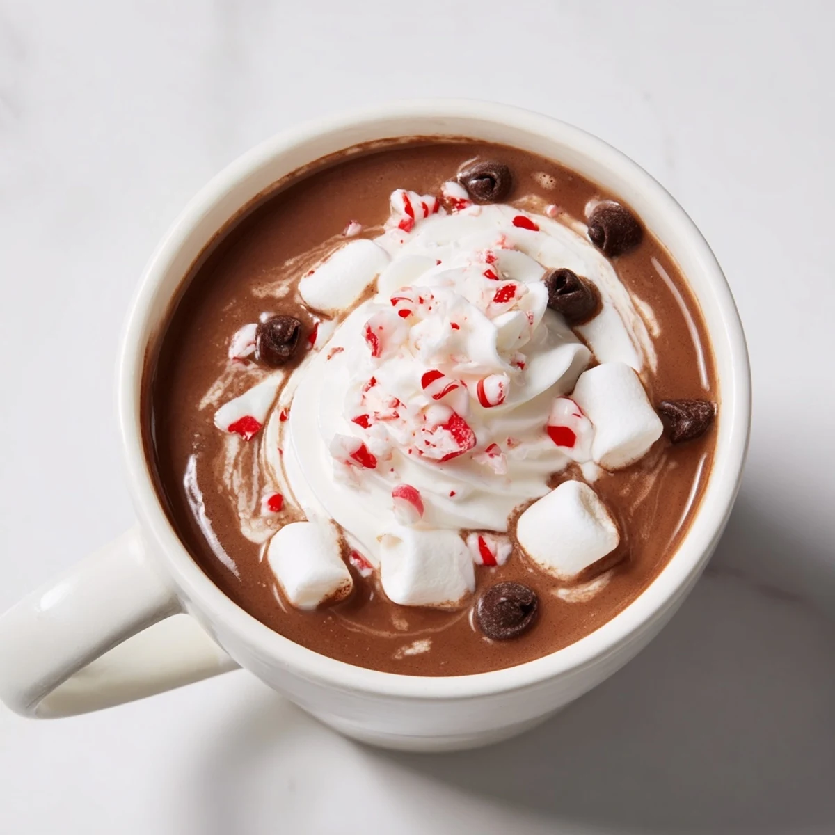 See a steaming cup of this easy, gluten-free peppermint schnapps-free hot cocoa ready for a cozy evening.