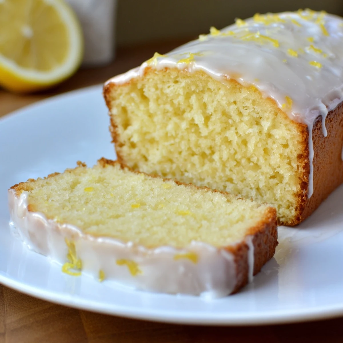A freshly baked Lemon Drizzle Loaf, glistening with sweet lemon glaze, ready to slice.