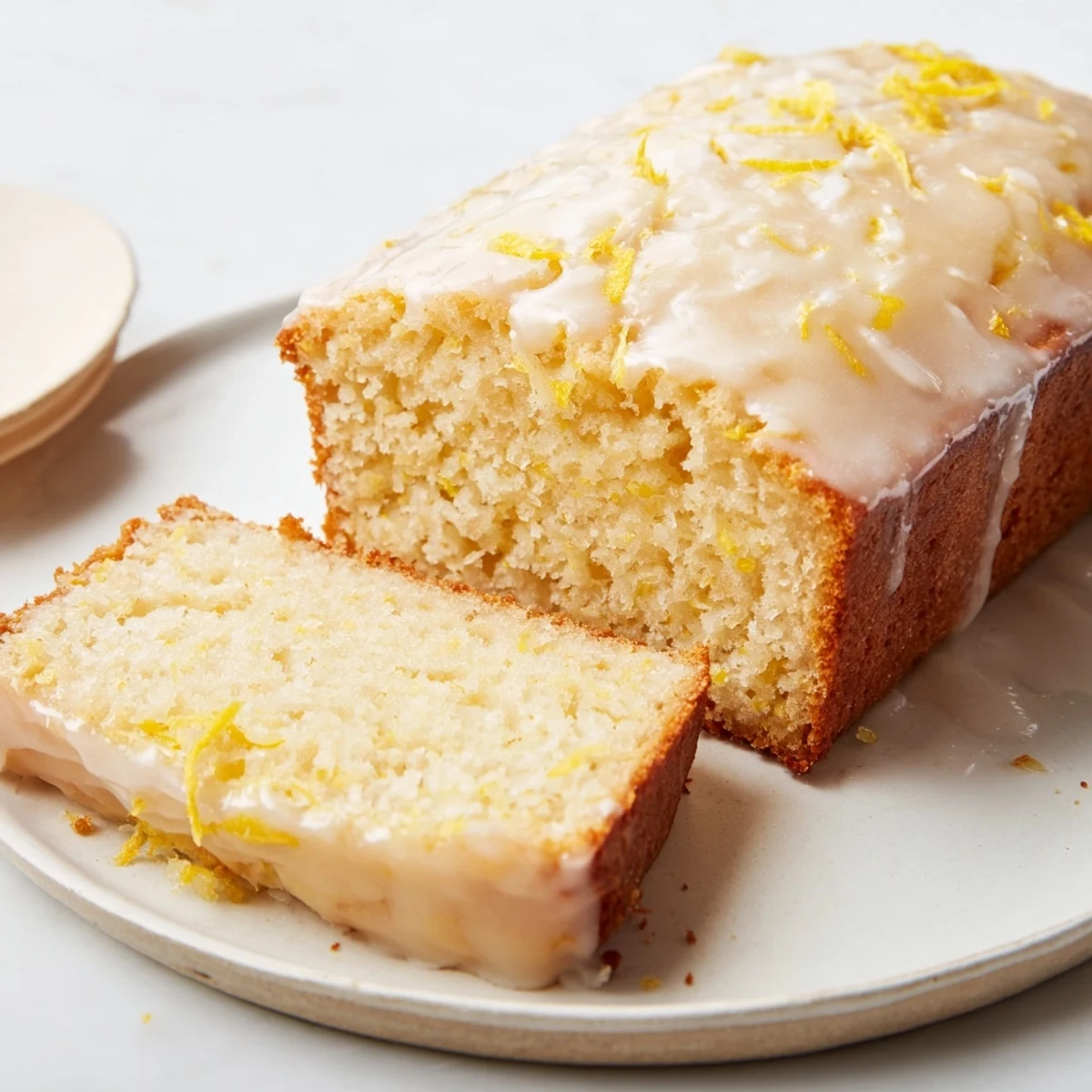 This close-up photo shows a golden-brown Lemon Drizzle Loaf with a bright, tart drizzle.