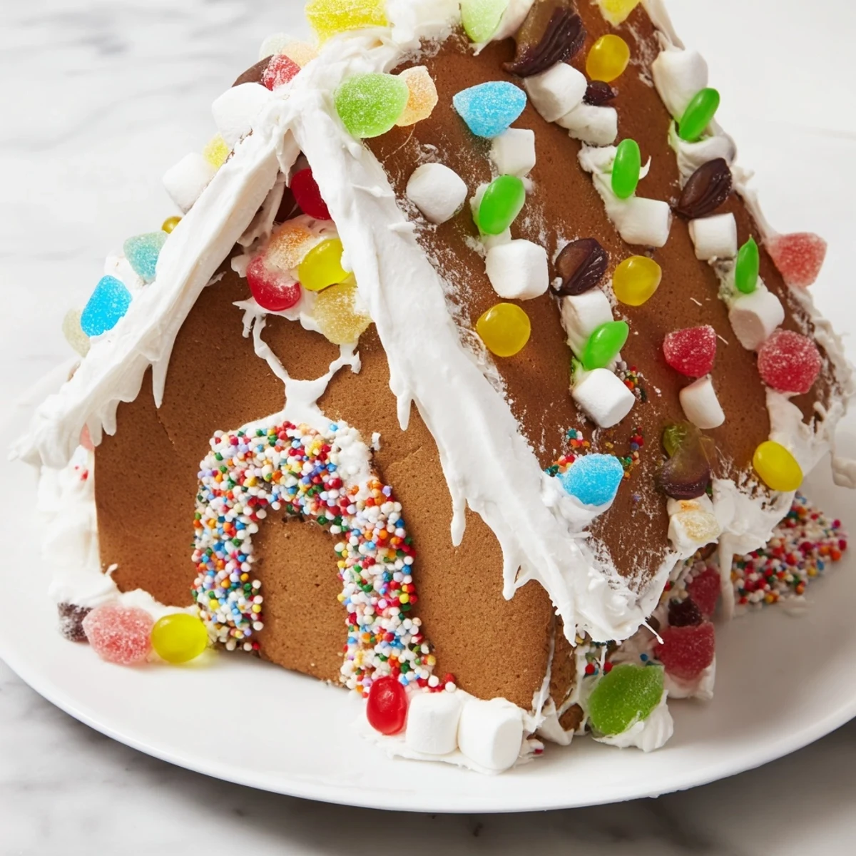 A brightly decorated gingerbread house kit, ready to be assembled with candies, a festive holiday project.