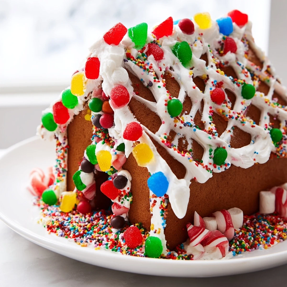 This colorful gingerbread house photo shows candies and icing being applied to the baked gingerbread panels for a sweet treat.