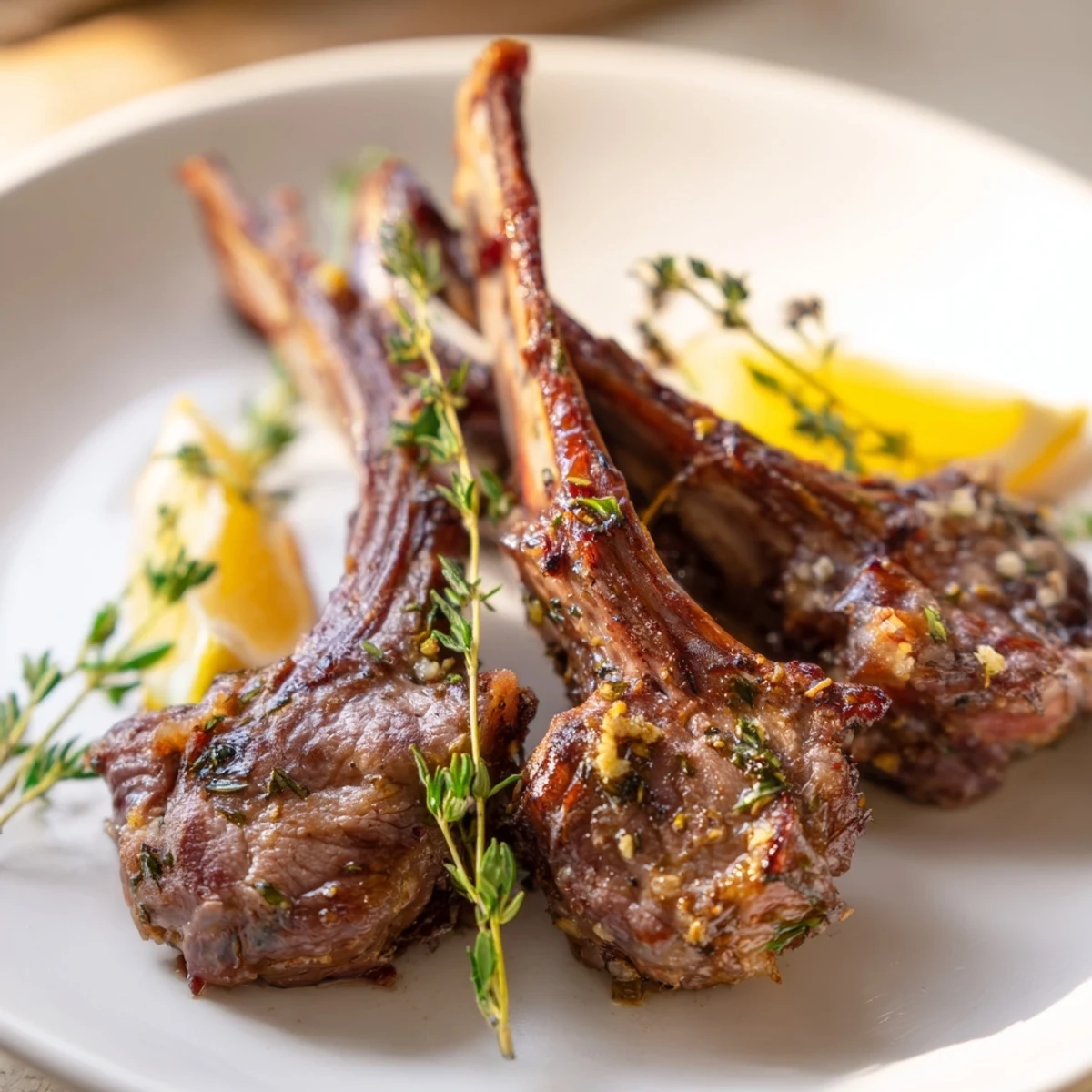 Close-up of juicy roasted lamb chops, seasoned with fresh oregano and a squeeze of bright lemon.