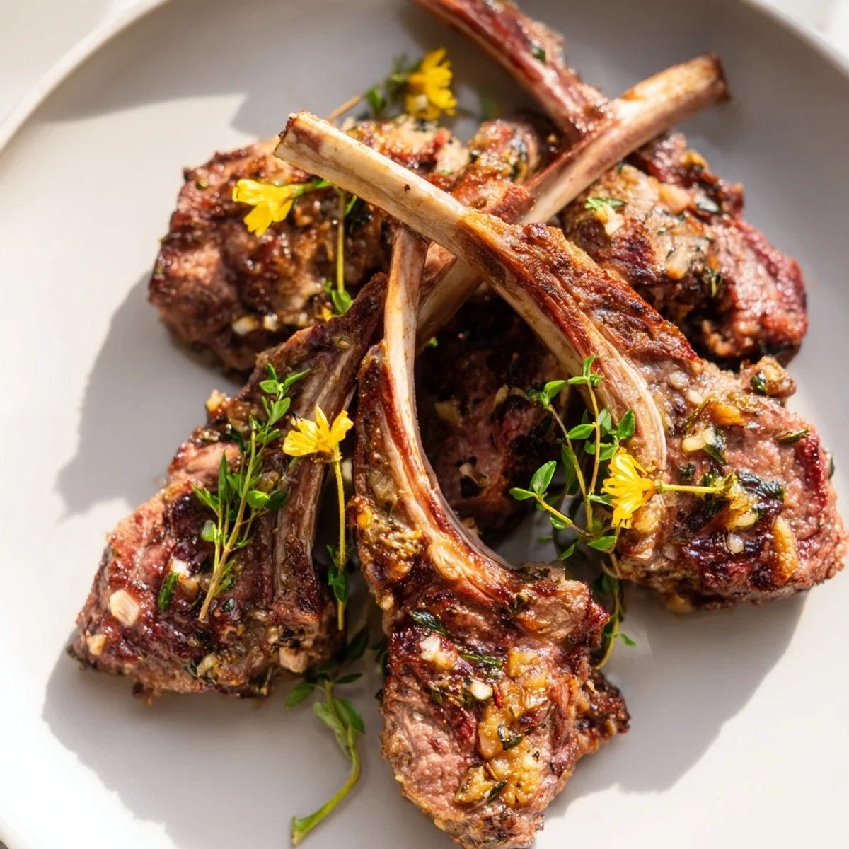 Golden-brown roasted lamb chops with oregano, glistening with olive oil and ready to eat.
