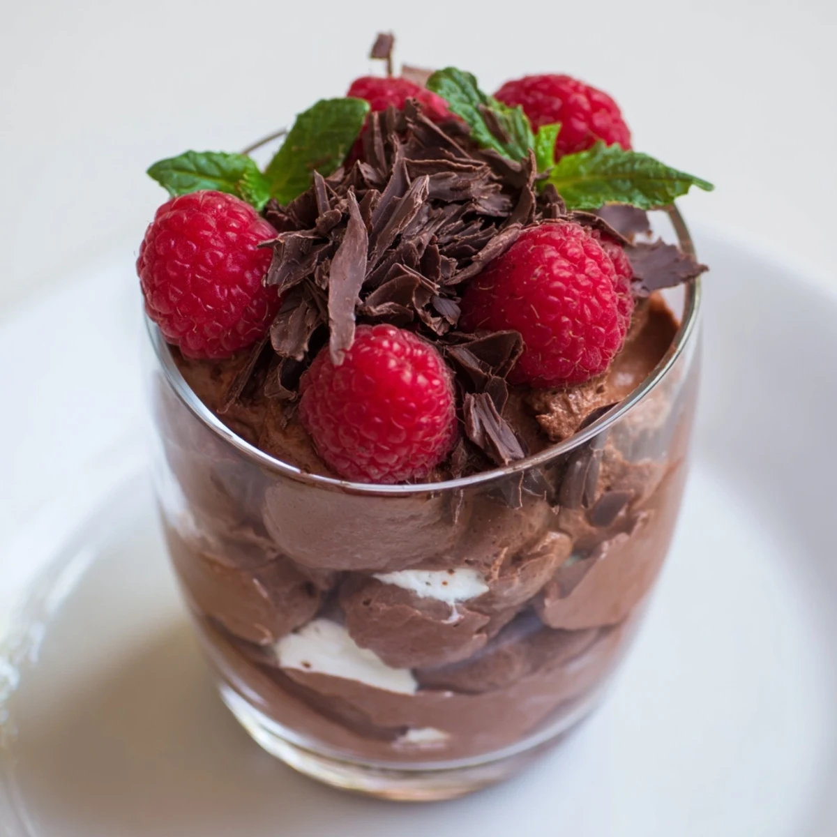 Creamy chocolate raspberry mousse layered with vibrant, fresh raspberries, ready to chill for hours.
