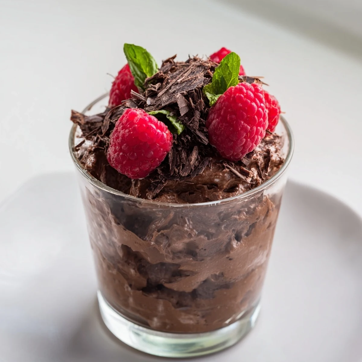 Elegant chocolate raspberry mousse, a rich French dessert, topped with fresh, juicy raspberries now.