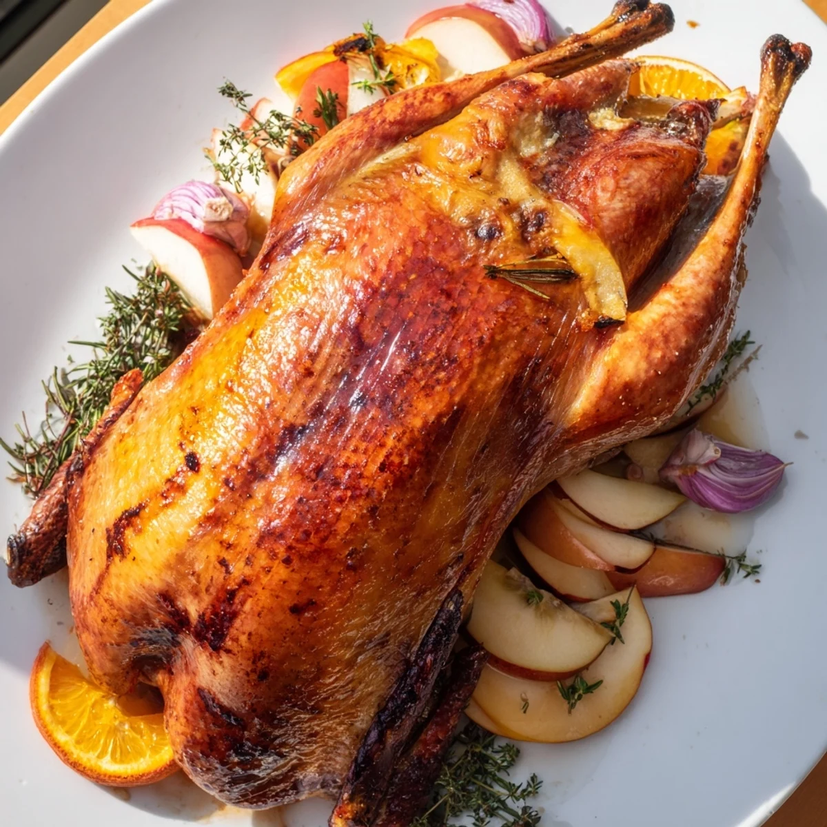 Golden-brown roasted goose with crispy skin, glistening, and ready to carve for a holiday feast.