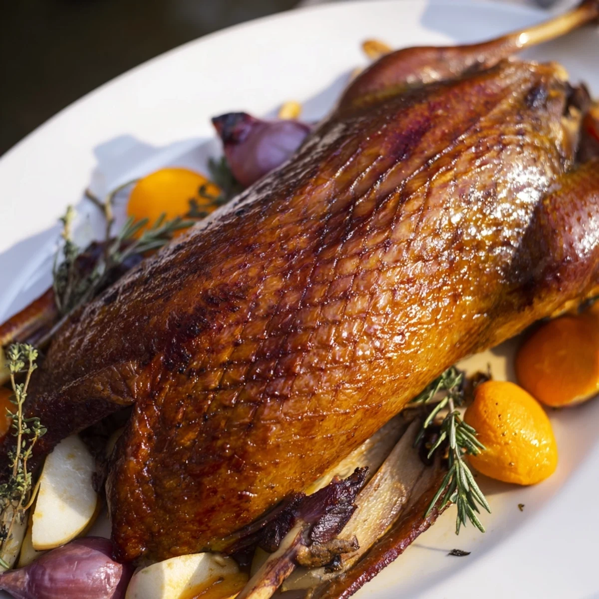 Juicy Roasted Goose, presented with aromatic herbs, making this the perfect, flavorful centerpiece.