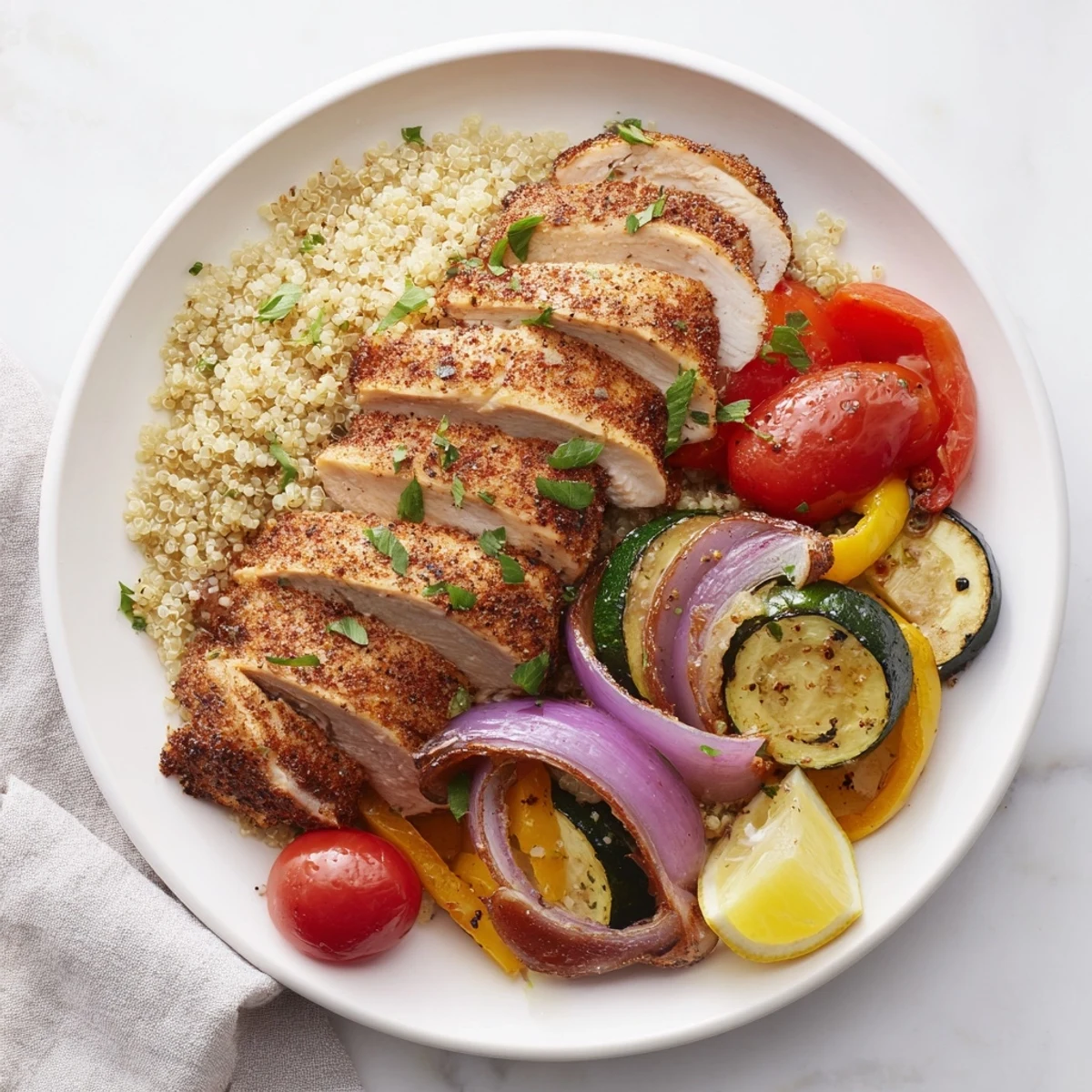 Colorful savory meal prep bowls featuring roasted chicken, a delicious and balanced recipe.