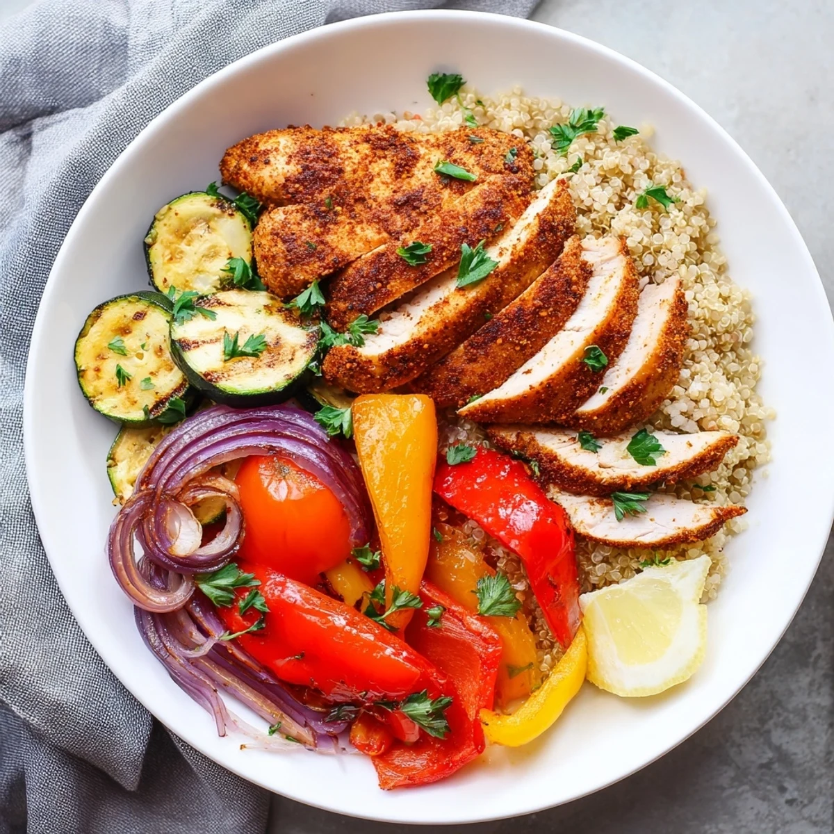 A close-up of hearty Savory Meal Prep Bowls, showcasing the perfectly cooked chicken and vegetables.